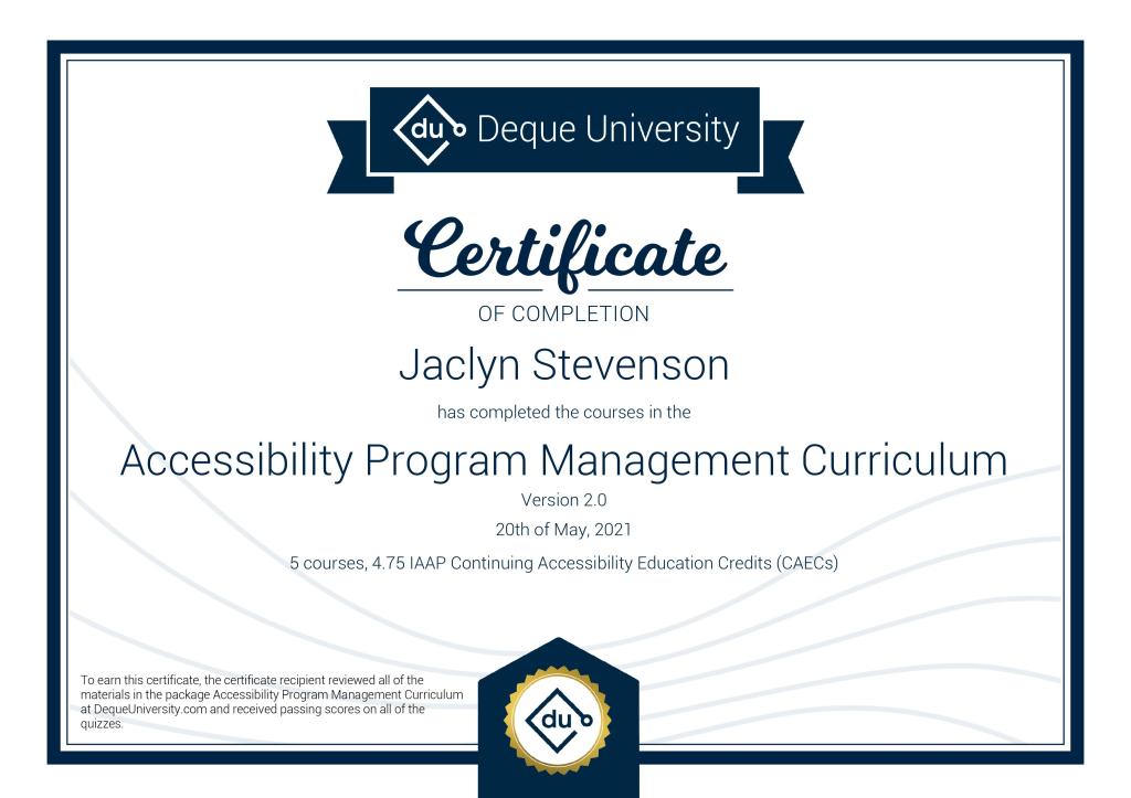 DeQue University certificate of completion 