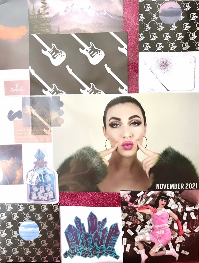 A scrapbook layout with a lot of black and pink colors and a photo of a woman with black hair pulled back making a kissing face. 