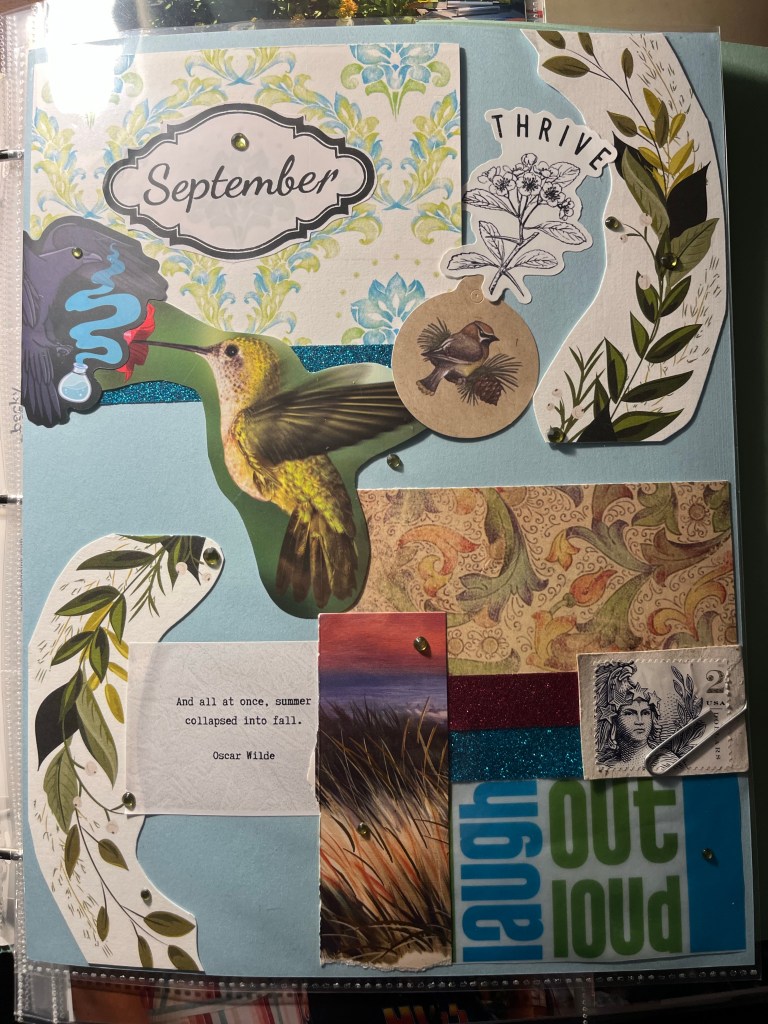 scrapbook layout on a pastel blue background with a hummingbird in the middle