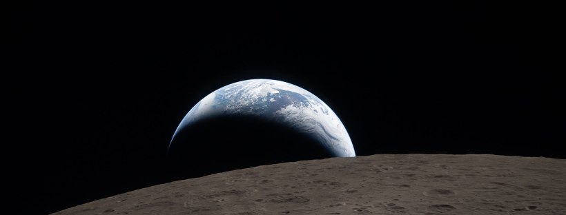 Earthset captured through the Orion spacecraft window at 6:41 p.m. EDT, April 6, 2026, during the Artemis II crew's flyby of the Moon. A muted blue Earth with bright white clouds sets behind the cratered lunar surface. The dark portion of Earth is experiencing nighttime. On Earth's day side, swirling clouds are visible over the Australia and Oceania region. In the foreground, Ohm crater has terraced edges and a flat floor interrupted by central peaks. Central peaks form in complex craters when the lunar surface, liquefied on impact, splashes upwards during the crater's formation.